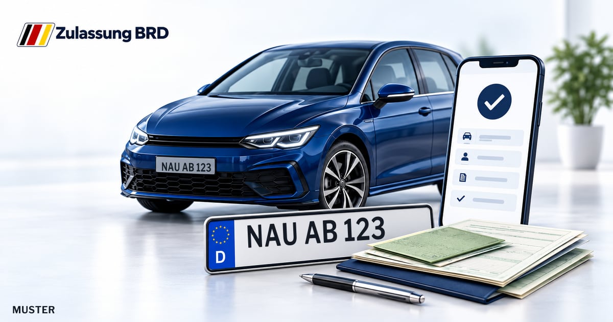 Online Fahrzeugzulassung in Nauen: Musterkennzeichen NAU AB 123, Auto und Fahrzeugpapiere und Smartphone. Illustration mit Logo von Zulassung BRD.